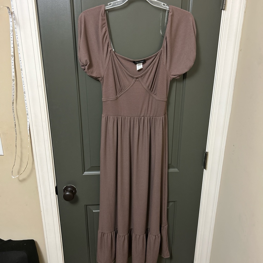 Caution To The Wind Taupe Midi Dress with Puff Sleeves